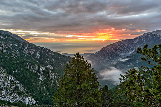 Sunrise in Olympus mountains stock photo
