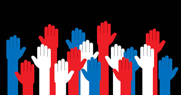 illustrations, cliparts, dessins animés et icônes de mains surélevées rouge, blanc et bleu - political rally illustrations