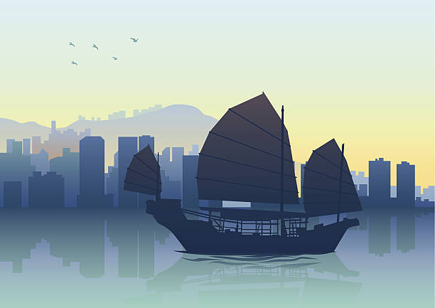 ilustrações de stock, clip art, desenhos animados e ícones de junk barco de - hong kong skyline panoramic china