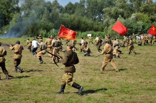 Ossow, Poland - August 16, 2009: Participants of historical Battle of Warsaw (1920), reenact the Soviet soldiers.