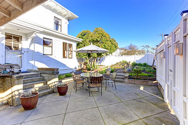 istock Backyard patio area with small garden 506134691