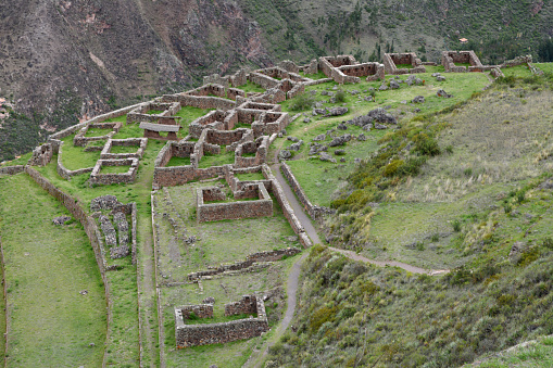 Inca archeological area of Pisac, Peru..Pisac is located on the long crest of a 3000m high mountain overlooking the southern end of the Urubamba Valley or Sacred Valley.