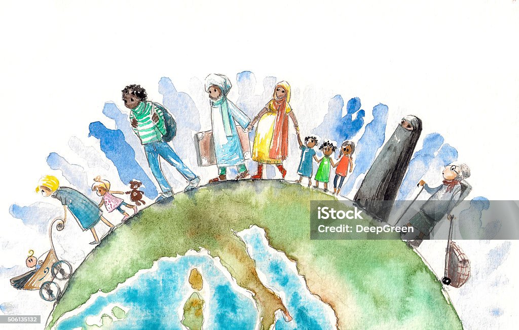 Migration Illustration of people different nationalities going on a Earth.Picture created with watercolors Emigration and Immigration stock illustration