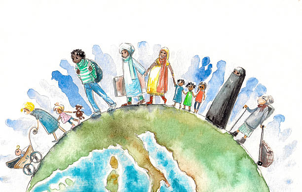 Migration Illustration of people different nationalities going on a Earth.Picture created with watercolors emigration & immigration stock illustrations