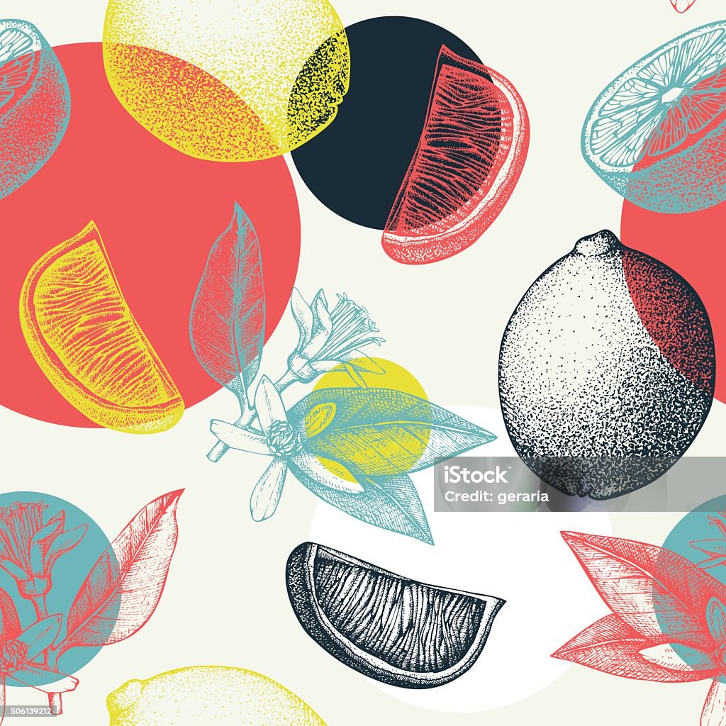 Absrtact citrus background Vector seamless pattern with ink hand drawn lime fruit, flowers, slice and leaves sketch. Fruit stock vector