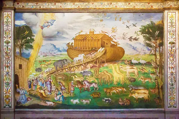 Fresco representing the animals getting on Noah's Ark. Fresco painted in 1556 by Aurelio Luini in the church of San Maurizio in Milan, Italy. The entry into the church is free.