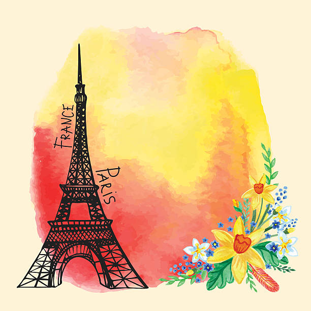 istock Paris card.Eiffel tower,Watercolor stain,Narcissus bouquet 506143904