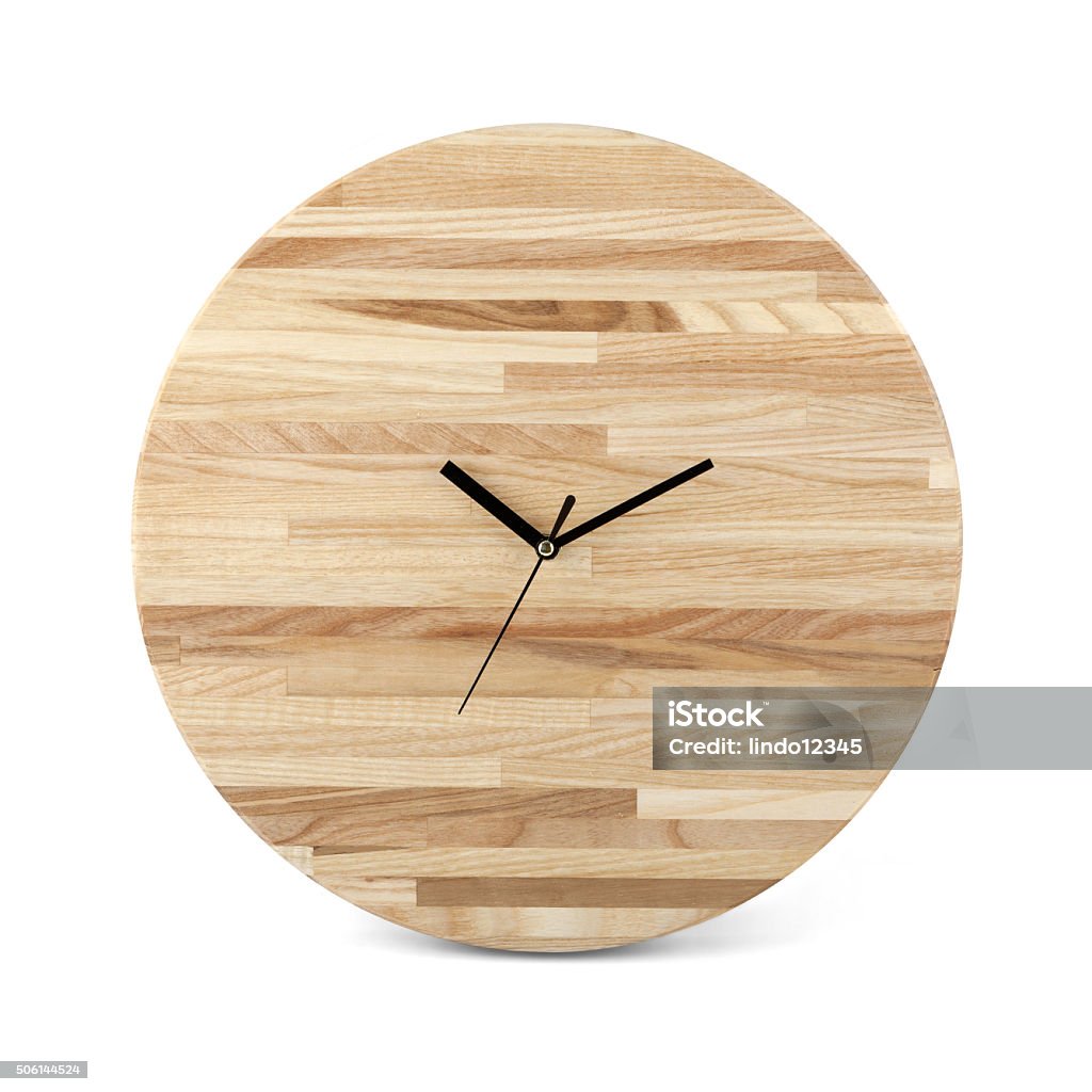 Wooden round wall watch - clock isolated on white background Black Color Stock Photo