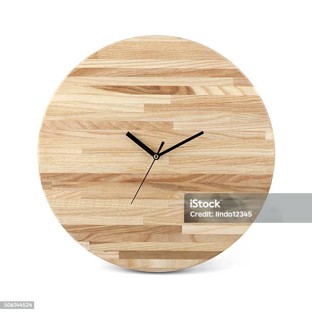 Wooden Round Wall Watch Clock Isolated On White Background Stock Photo - Download Image Now