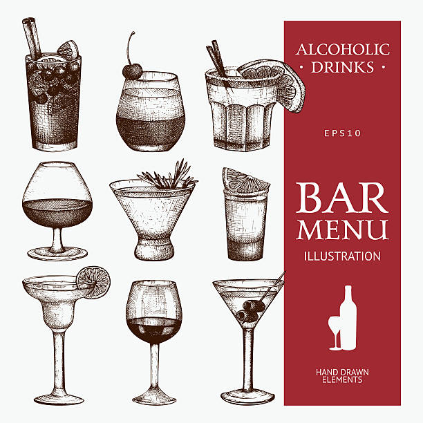 illustrazioni stock, clip art, cartoni animati e icone di tendenza di vettoriale vintage set di bevande alcoliche schizzo. - cocktail martini olive vodka