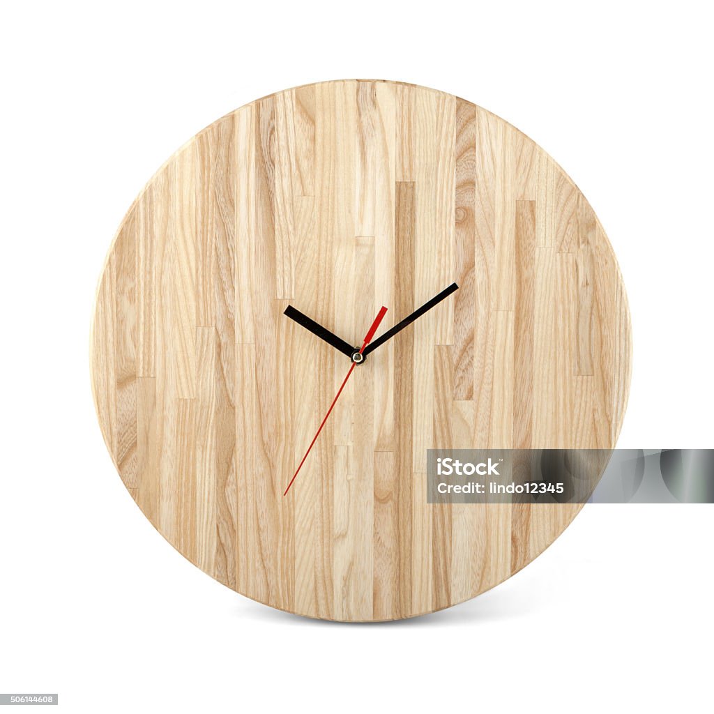Wooden round wall watch - clock isolated on white background Black Color Stock Photo