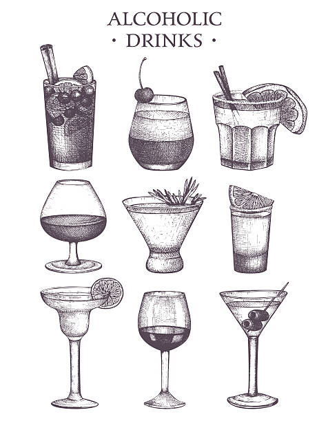 벡터 세트마다 빈티지 알콜 음료 스케치. - cocktail martini olive vodka stock illustrations