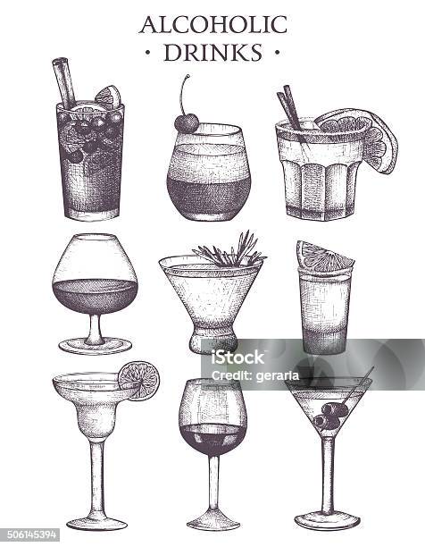 Vector Set Of Vintage Alcoholic Drinks Sketch Stock Illustration - Download Image Now - Drawing - Activity, Vermouth, Cocktail