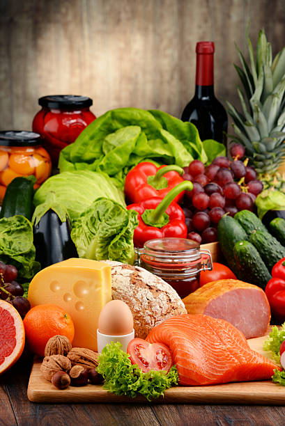 istock Organic food including vegetables fruit bread dairy and meat 506149328