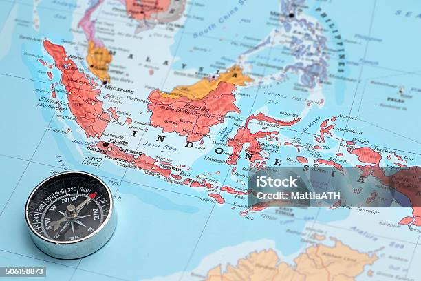 Travel Destination Indonesia Map With Compass Stock Photo - Download Image Now - Indonesia, Map, Aiming