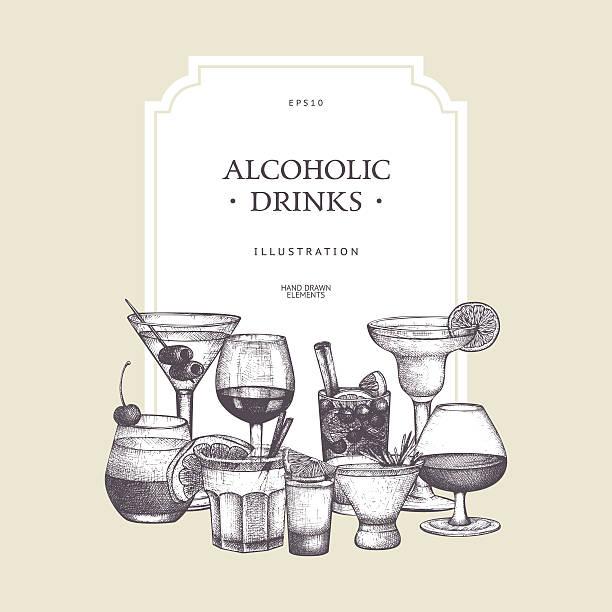illustrazioni stock, clip art, cartoni animati e icone di tendenza di schizzo sfondo vintage bevande. - cocktail martini olive vodka