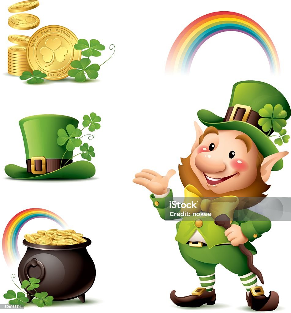 St Patrick's Day - Leprechaun set - Leprechaun, hat, rainbow, coin, pot of gold, clover St. Patrick's Day stock vector