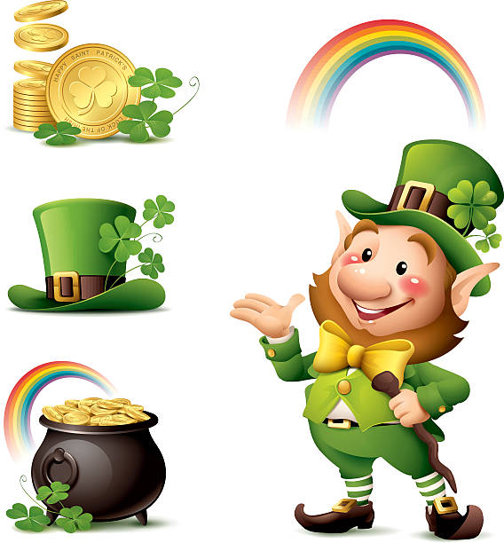 - Leprechaun, hat, rainbow, coin, pot of gold, clover