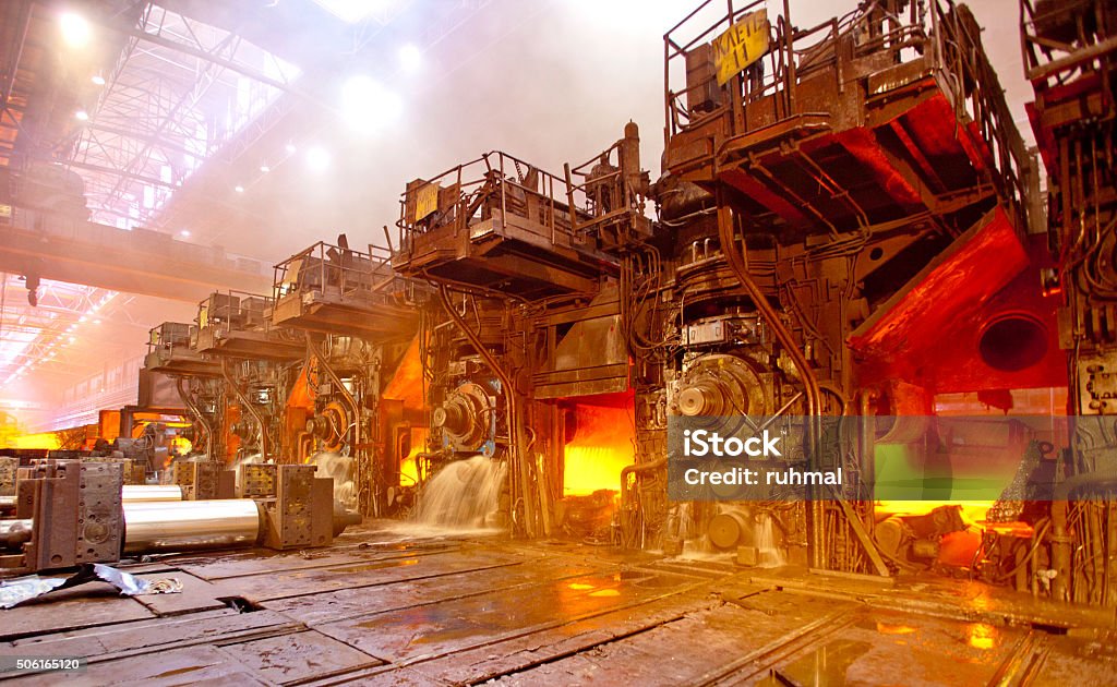 Steel rolling workshop Hot steel sheet production Metallurgy Stock Photo