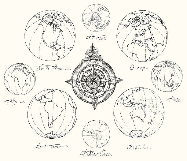 mapy atlas kontynentach. - map world map globe old stock illustrations