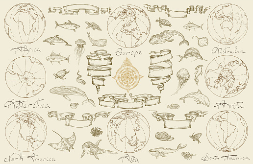 Vector illustration. Marine pattern on the theme of travel, hand drawing with ships and fish.