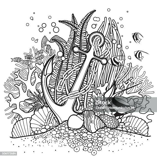 Anchor And Coral Reef Stock Illustration - Download Image Now - Undersea, Anchor - Vessel Part, Coloring