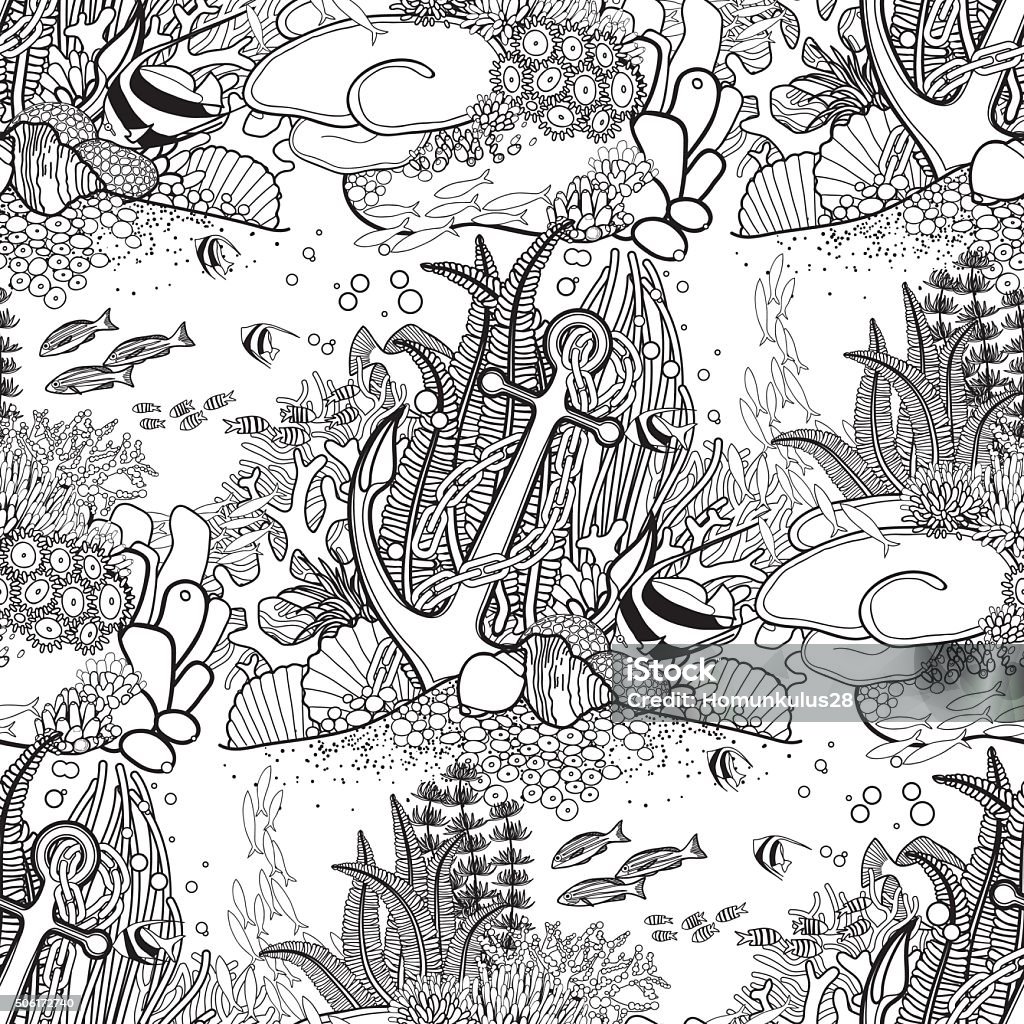 Anchor and coral reef pattern Anchor and coral reef drawn in line art style. Ocean seamless pattern in black and white colors. Coloring book page design. Coloring stock vector