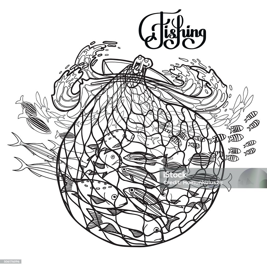 Two fishing men on the boat Two men on the boat pulling out the fishing net from the raging sea. Ocean flora and fauna. Vector illustration isolated on white background. Coloring book page design Commercial Fishing Net stock vector