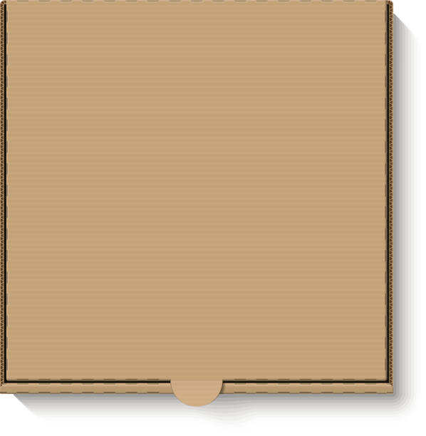 Brown cardboard pizza box Brown cardboard pizza box, top view. Vector illustration with transparent effect, eps 10. cardboard box mockup stock illustrations