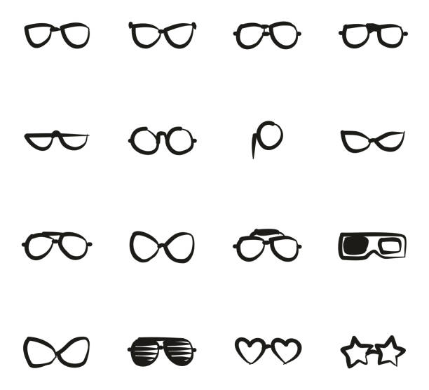 ilustraciones, imágenes clip art, dibujos animados e iconos de stock de gafas iconos a mano alzada - black and white heart shape metallic red