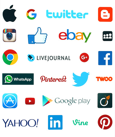 Kiev, Ukraine - September 19, 2015:Collection of popular social media logos:Facebook, Twitter, Google Plus, Instagram, Livejournal, WhatsApp, Pinterest, Blogger and others printed on white paper.