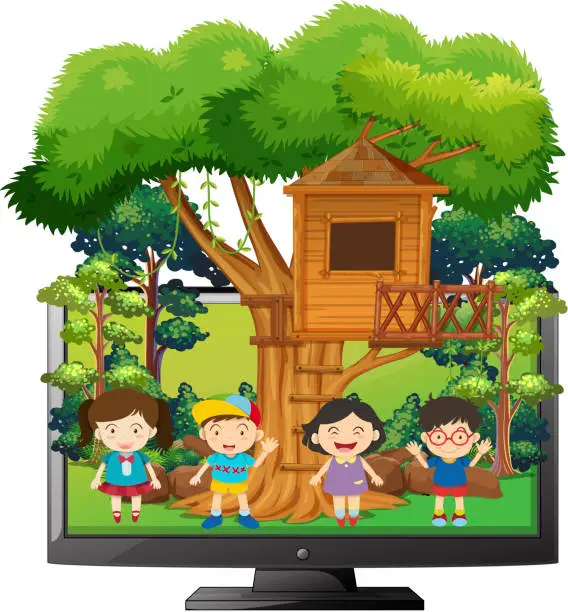 Vector illustration of Children playing at the treehouse