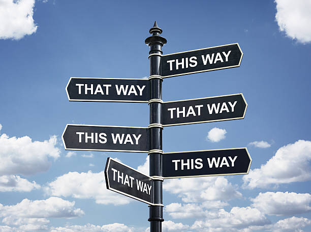 Which way to go? Crossroad signpost saying this way and that way concept for lost, confusion or decisions crossroads sign stock pictures, royalty-free photos & images