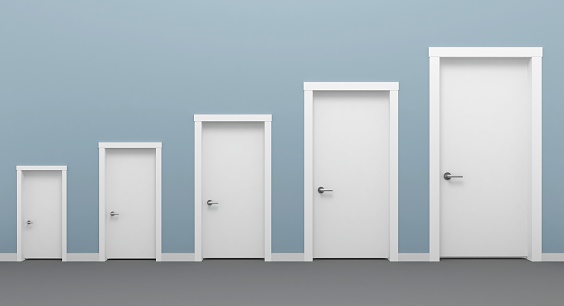 3d illustration of different five doors white.