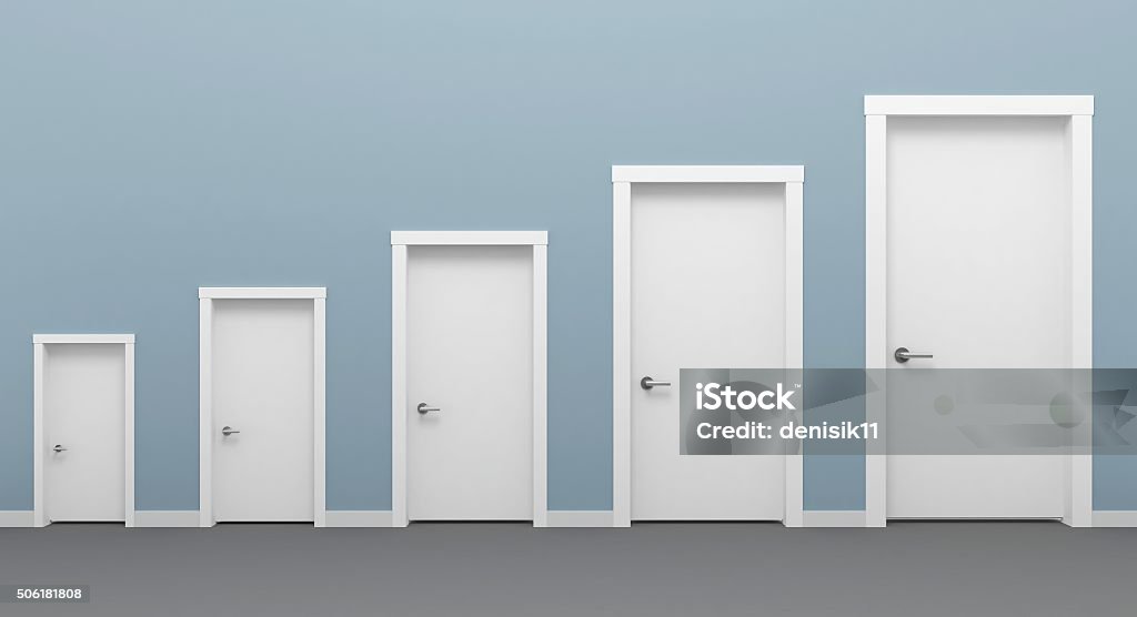 Five doors white. 3d illustration of different five doors white. Scale Stock Photo
