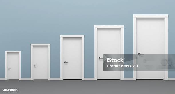 Five Doors White Stock Photo - Download Image Now - Scale, Variation, Customized