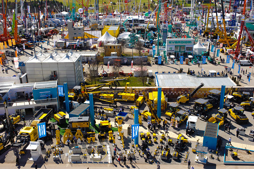 Munich, Germany - April 15, 2013: Aerial view to the outdoor area of the world biggest trade fair for building machines, titled BAUMA 2013. 