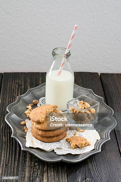 Peanut Butter Cookies Milk And Peanuts On A Metal Plate Stock Photo - Download Image Now