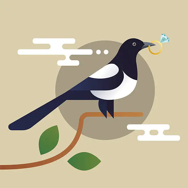 Vector illustration of Illustration of magpie, holding the diamond.