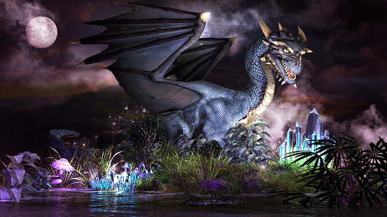Fairytale scenery with blue dragon, glowing crystals and magic plants