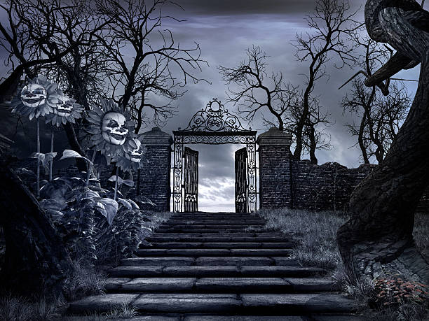 Horror scenery with stairs, old gateway and creepy sunflowers