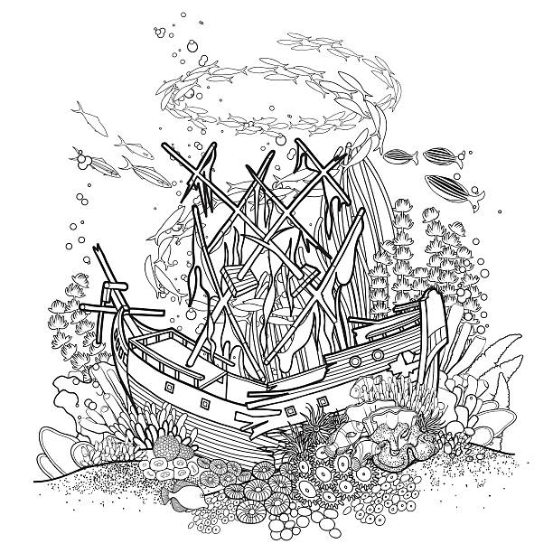 illustrations, cliparts, dessins animés et icônes de vieille épave et de coral reef - naufrage de bateau