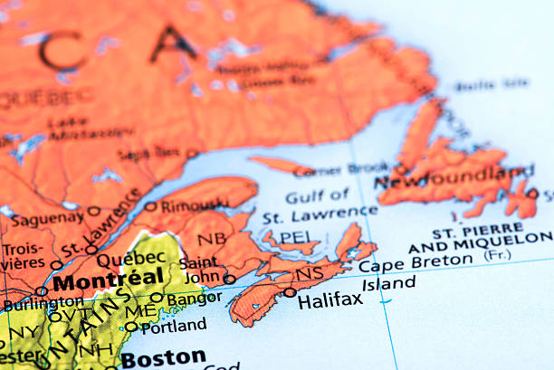Map of Montreal and Quebec in Canada Map of Montreal and Quebec in Canada. Detail from the World Atlas. gulf of st lawrence photos stock pictures, royalty-free photos & images
