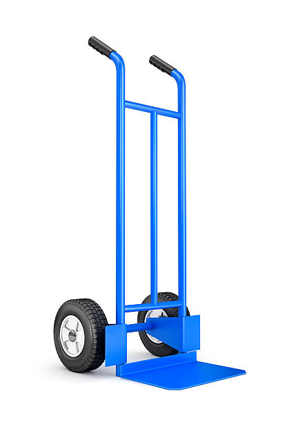 blank blue two-wheeled hand truck for transporting heavy loads. blank blue two-wheeled hand truck for transporting heavy loads, isolated on white background sack barrow stock pictures, royalty-free photos & images