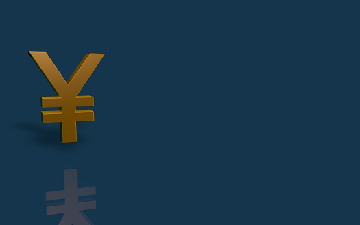 Gold Yen currency symbol on blue background with reflection.