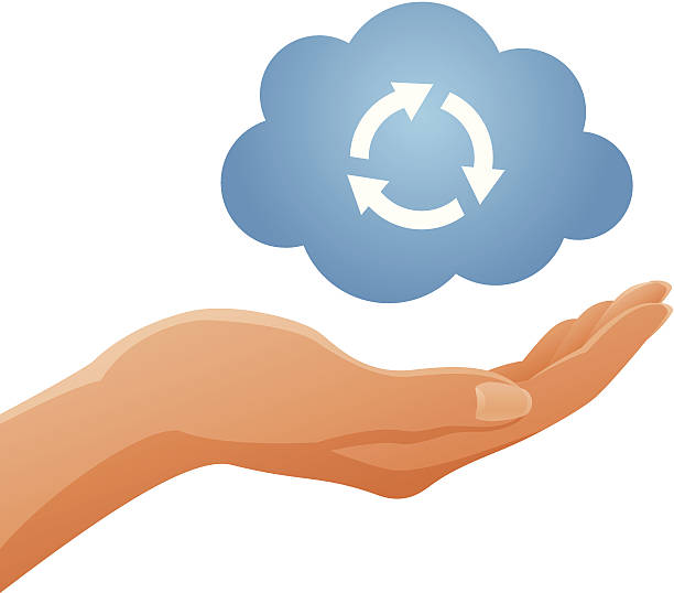 ręka trzymająca chmurze - cloud computing human hand cloud cloudscape stock illustrations