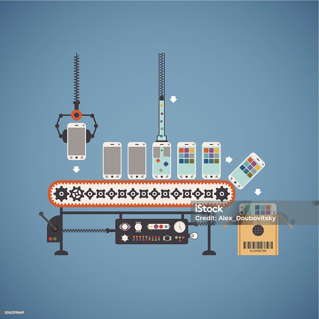 Vector concept of hardware and software production Vector concept of hardware and software production with smartphones on conveyor line Manufacturing stock vector