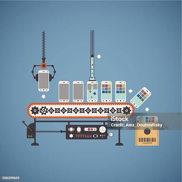 Vector Concept Of Hardware And Software Production Stock Illustration - Download Image Now - Manufacturing, Smart Phone, Mobile Phone