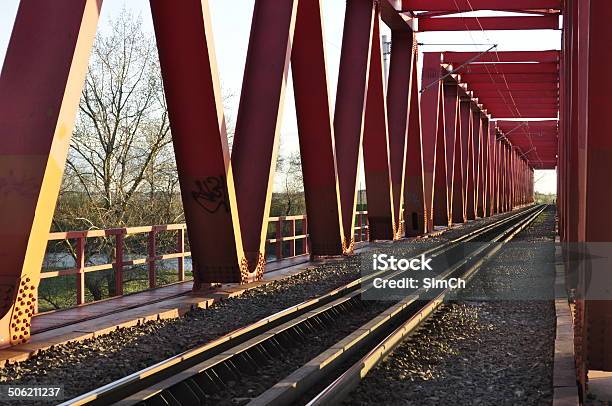 Red Bridge And Railway At Sunset Stock Photo - Download Image Now - Bridge - Built Structure, Cart, City