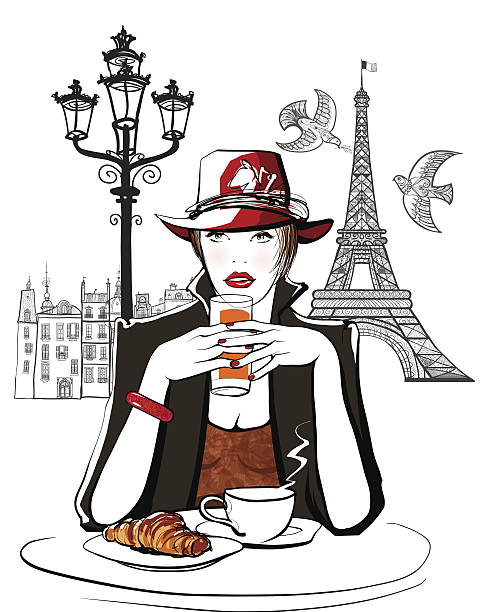 Paris - woman on holiday having breakfast Paris - woman on holiday having breakfast at a terrace of an hotel - vector illustration eiffel tower restaurant stock illustrations